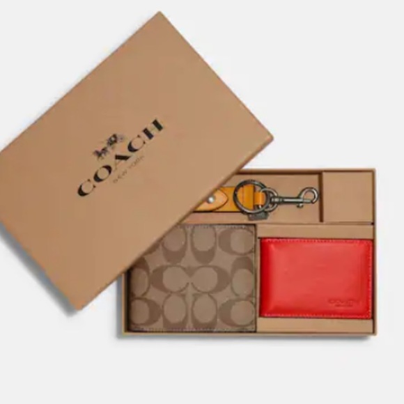 NWT Coach Men’s 3 in-1 Khaki Red Wallet boxed Gift set - Picture 11 of 11
